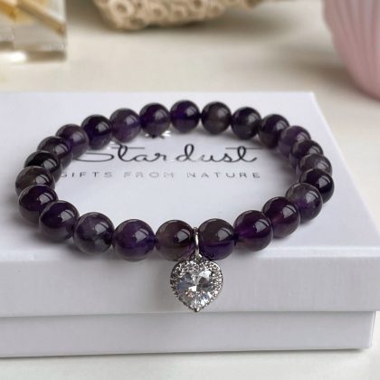 Luxury amethyst bracelet with zircon heart charm, deep purple beaded bracelet for woman, romantic gift for her