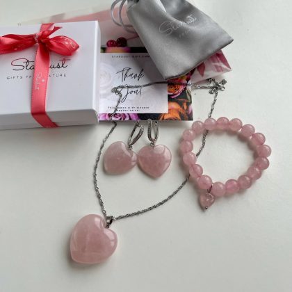 Rose Quartz heart gift set for her - heart earrings with zircons, bracelet with heart charm, rose quartz heart pendant, natural stone gift