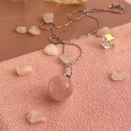 Rose Quartz Sphere Pendant Necklace, Pink Ball pendant Sterling Silver chain, Natural stone gift for girl
