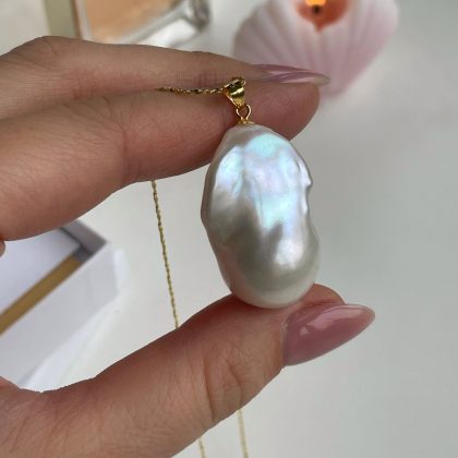 Large Baroque pearl pendant silver chain 18k gold filled