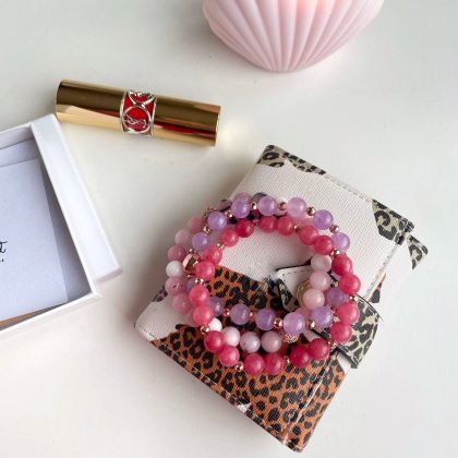 Pink natural stones bracelet set for her