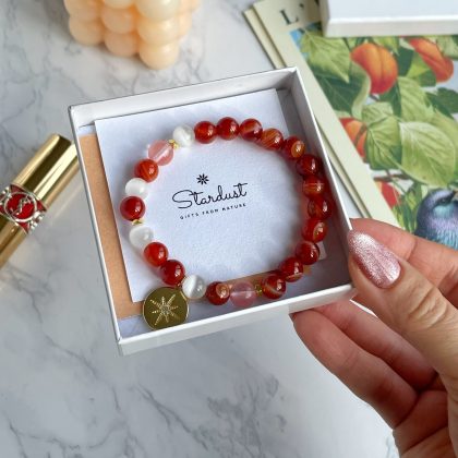 Anniversary gift Carnelian beaded bracelet with gold charm