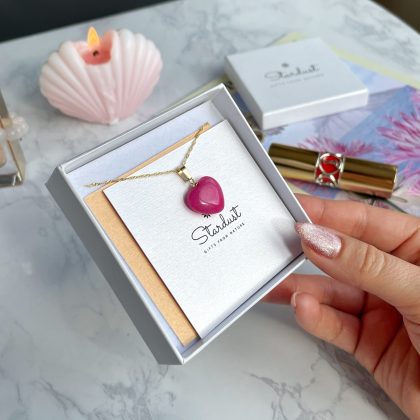 Romantic gift for her Pink Agate heart pendant gold