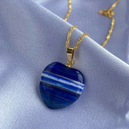 Royal Blue Agate heart pendant gold wave chain
