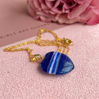 Royal Blue Agate heart pendant gold wave chain 925