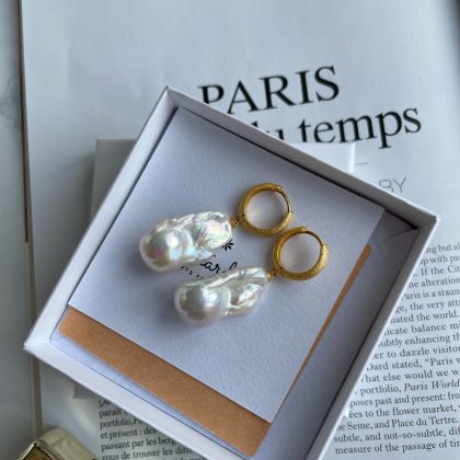 Gold hoop baroque pearl earrings gift for her