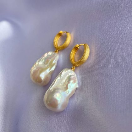 Gold hoop baroque pearl earrings high grade