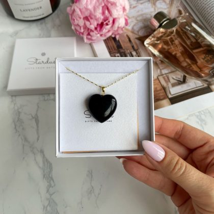 Jet Black Obsidian heart pendant 18k gold chain