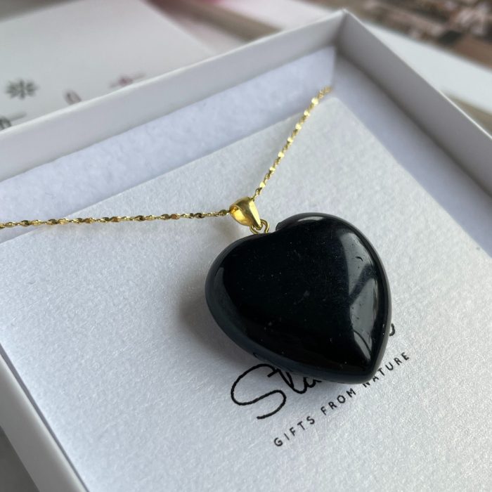Jet Black Obsidian heart pendant 18k gold filled