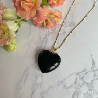 Obsidian heart pendant 18k gold Steel chain