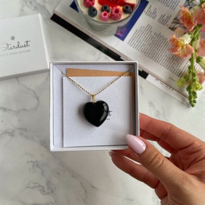 Obsidian heart pendant 18k gold Steel gift