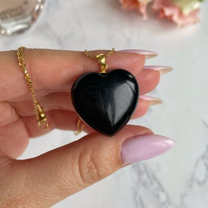 Obsidian heart pendant 18k gold Steel gift for mom