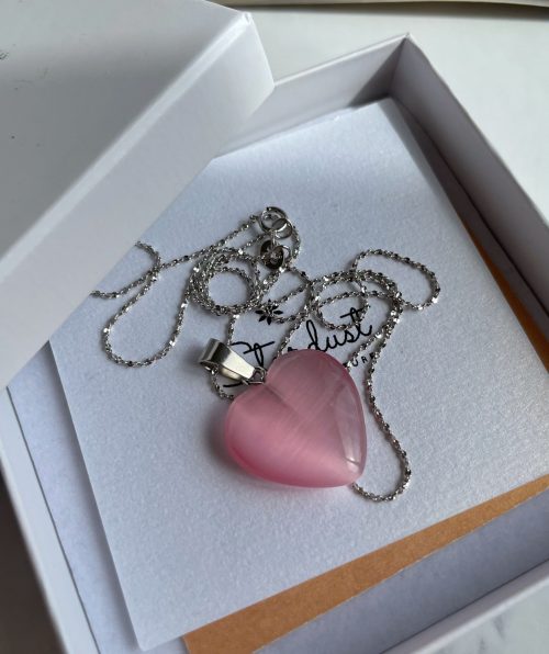 Pink Cat Eye heart necklace silver