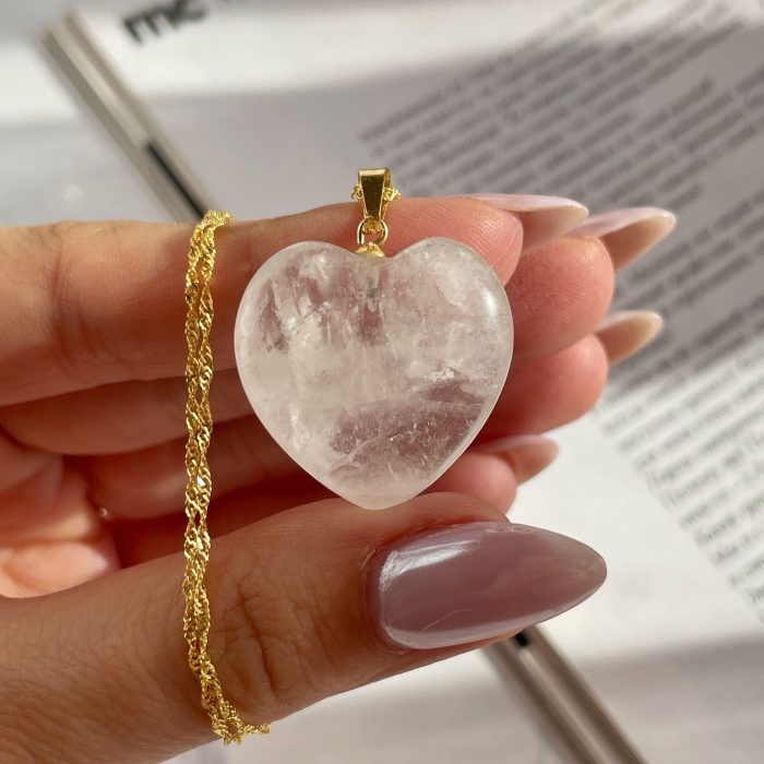 Natural Clear Quartz heart necklace gold wave chain