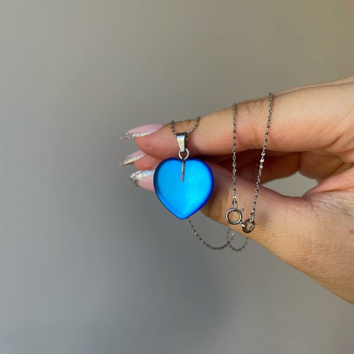Dark blue mermaid glass heart silver chain
